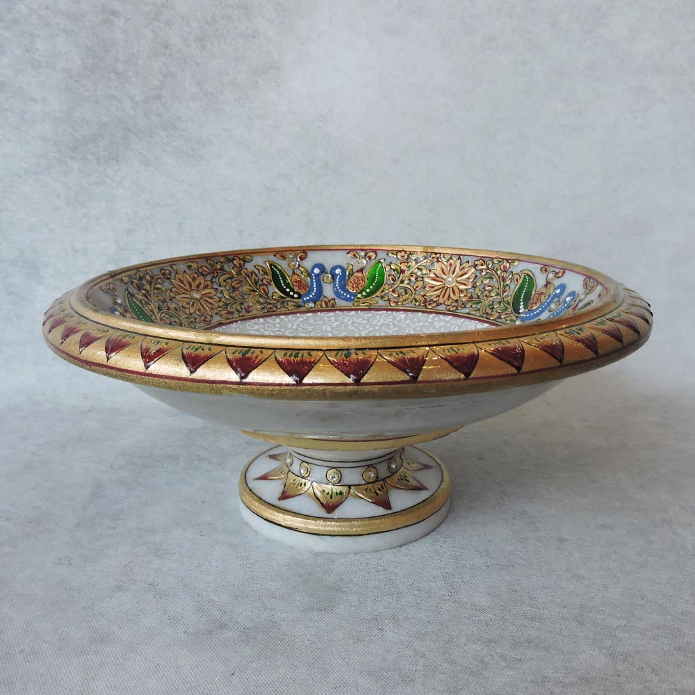 Marble Round Bowl With Stand Painted With Velvet Box by Satgurus