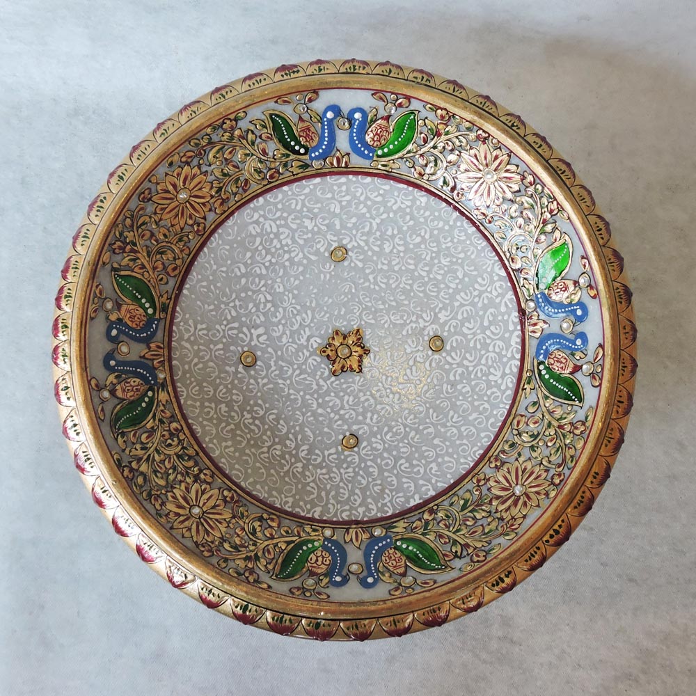 Marble Round Bowl With Stand Painted With Velvet Box by Satgurus