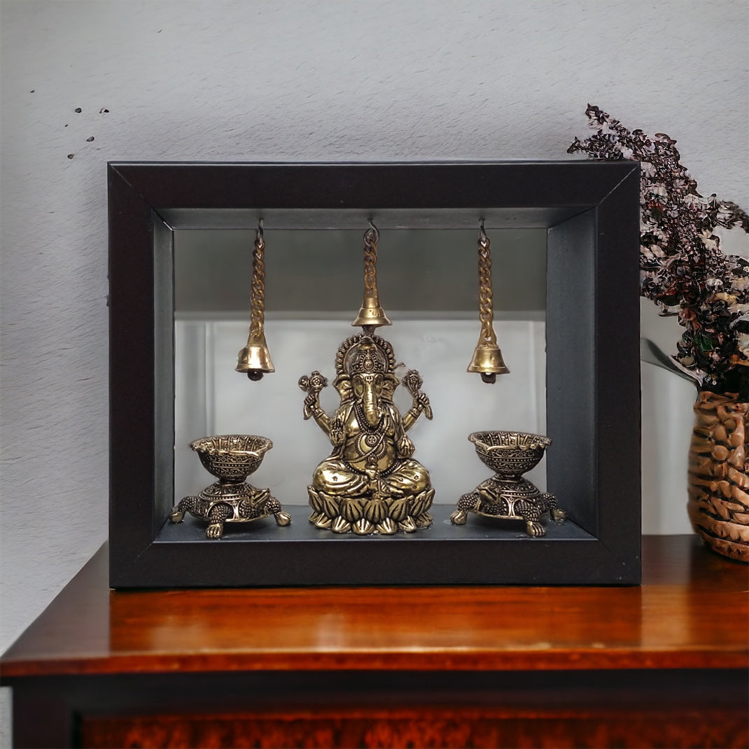 Ashtadhatu Ganesha With Tortoise Diya In Frame by Satgurus