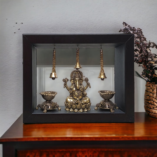 Ashtadhatu Ganesha With Tortoise Diya In Frame by Satgurus