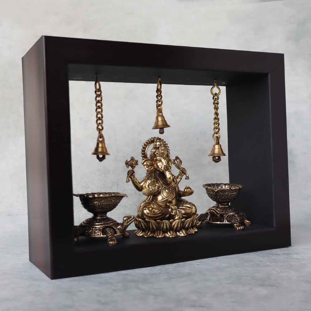 Ashtadhatu Ganesha With Tortoise Diya In Frame by Satgurus