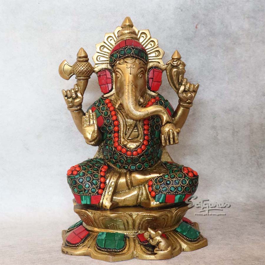 Brass Ganesha Sitting On Base By Satguru's