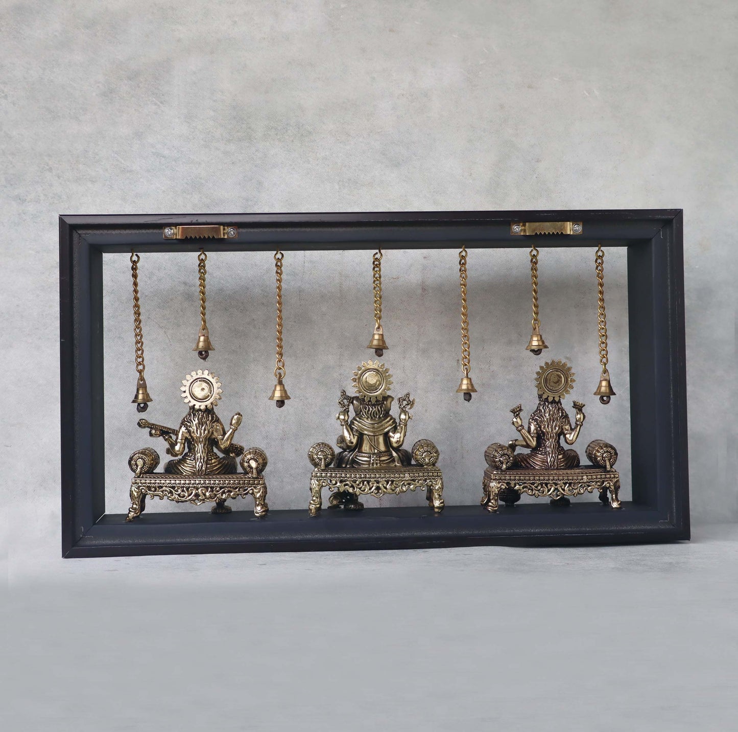 Ashtadhatu Ganesh Laxmi & Saraswati In Wooden Frame by Satgurus