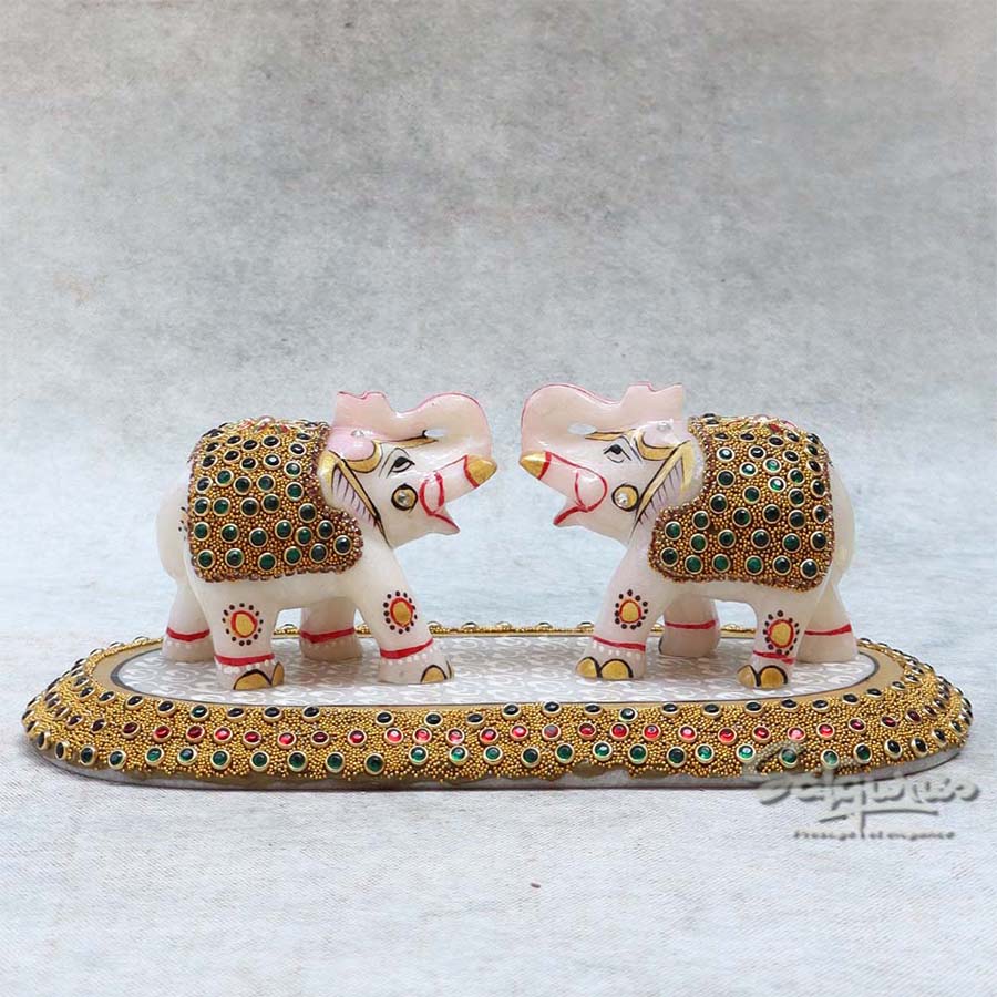 Marble Elephant Pair On Oval Plate By Satgurus