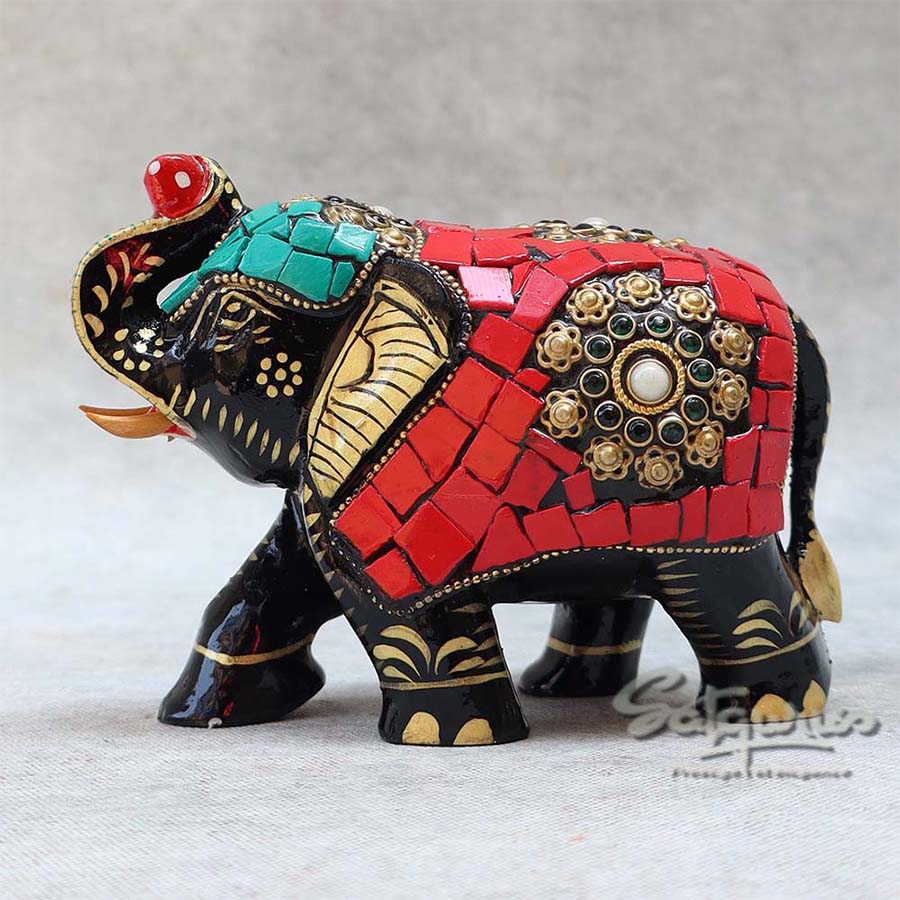 Wooden Trunk Up Hand Painted Stone Work Elephant BY Satgurus