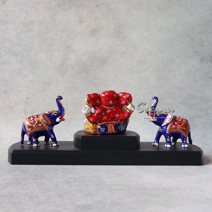 Metal Enamel Ganesha With Two Elephant By Satguru's