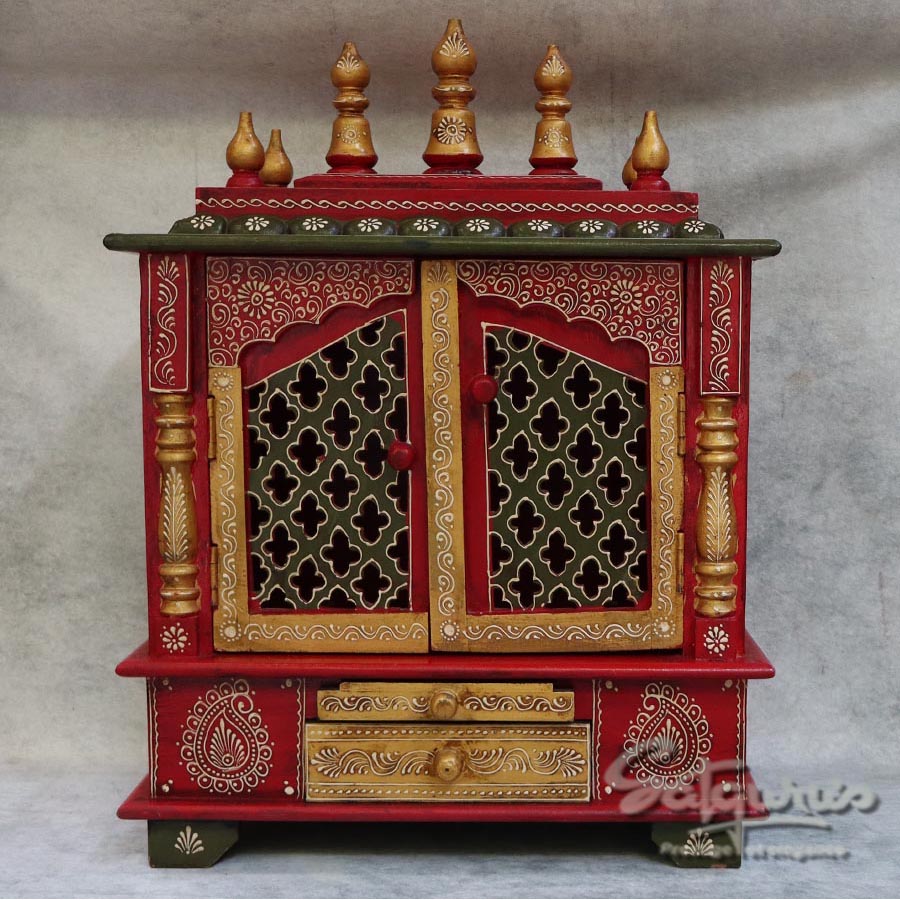 Handcrafted Wooden Mandir for Home with Emboss Painting and Storage Drawer