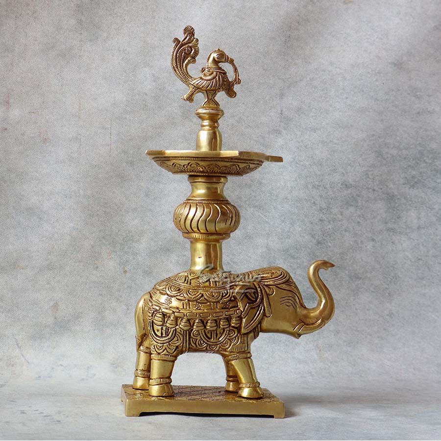 Brass Yellow Gold Annam Lamp On Elephant By Satguru's