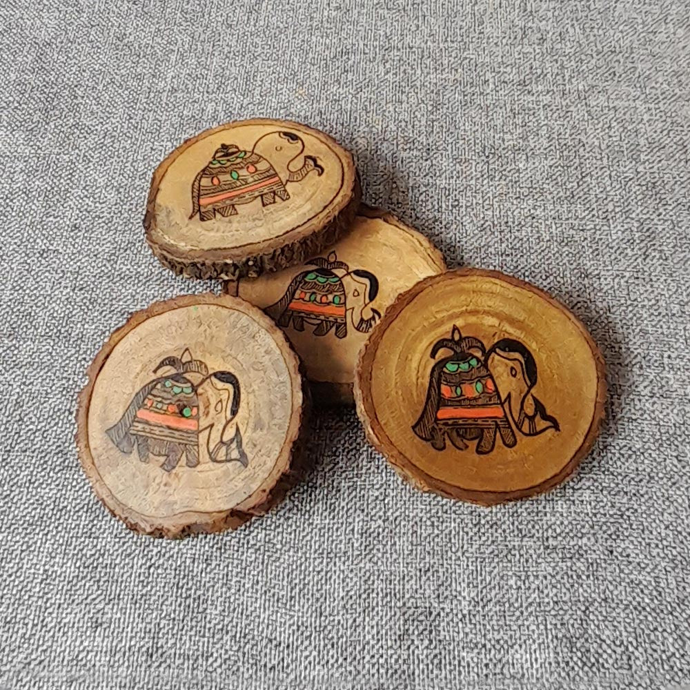Coaster Round Wooden Handicrafted With Tribal Art Set Of 4 By Satgurus