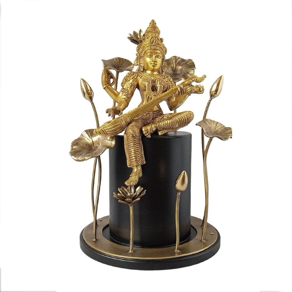 Brass Saraswati With Flowers by Satgurus