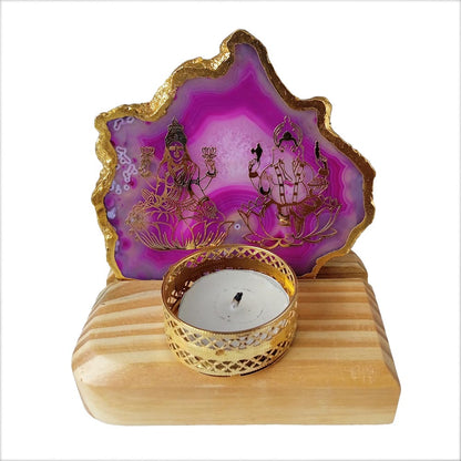 Laxmi Ganesha Agate Plate On Stand With Candle Stand by Satgurus