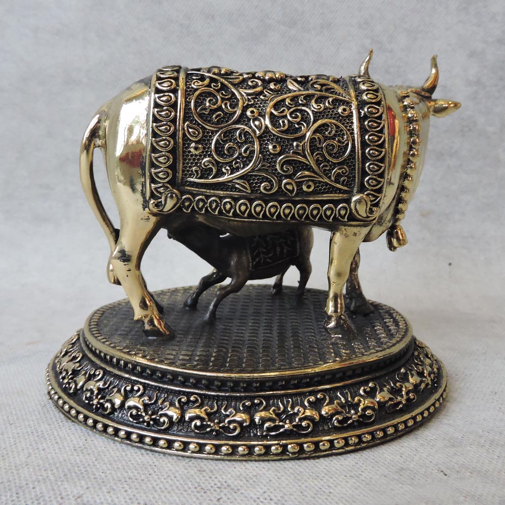 Brass Kamdhenu Cow & Calf 4" by Satgurus