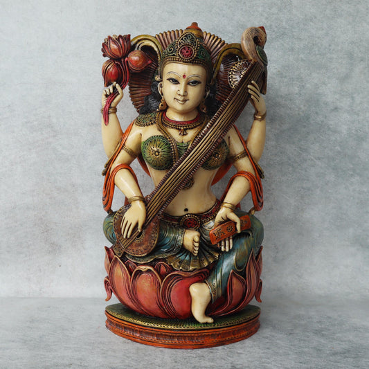 Saraswati Sitting On Lotus Base By Satgurus / C'ment