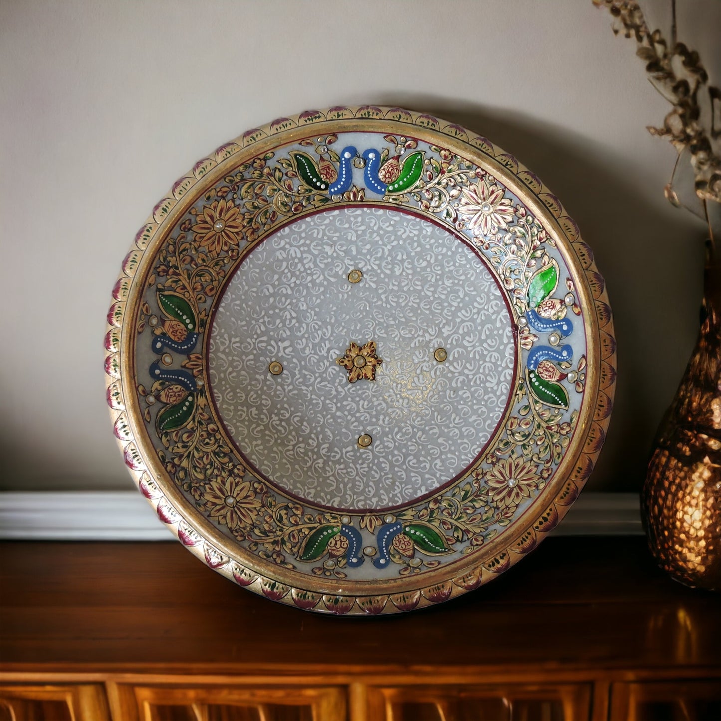 Marble Round Bowl With Stand Painted With Velvet Box by Satgurus