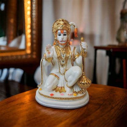 Hanuman Sitting In White/Gold Finish by Satgurus