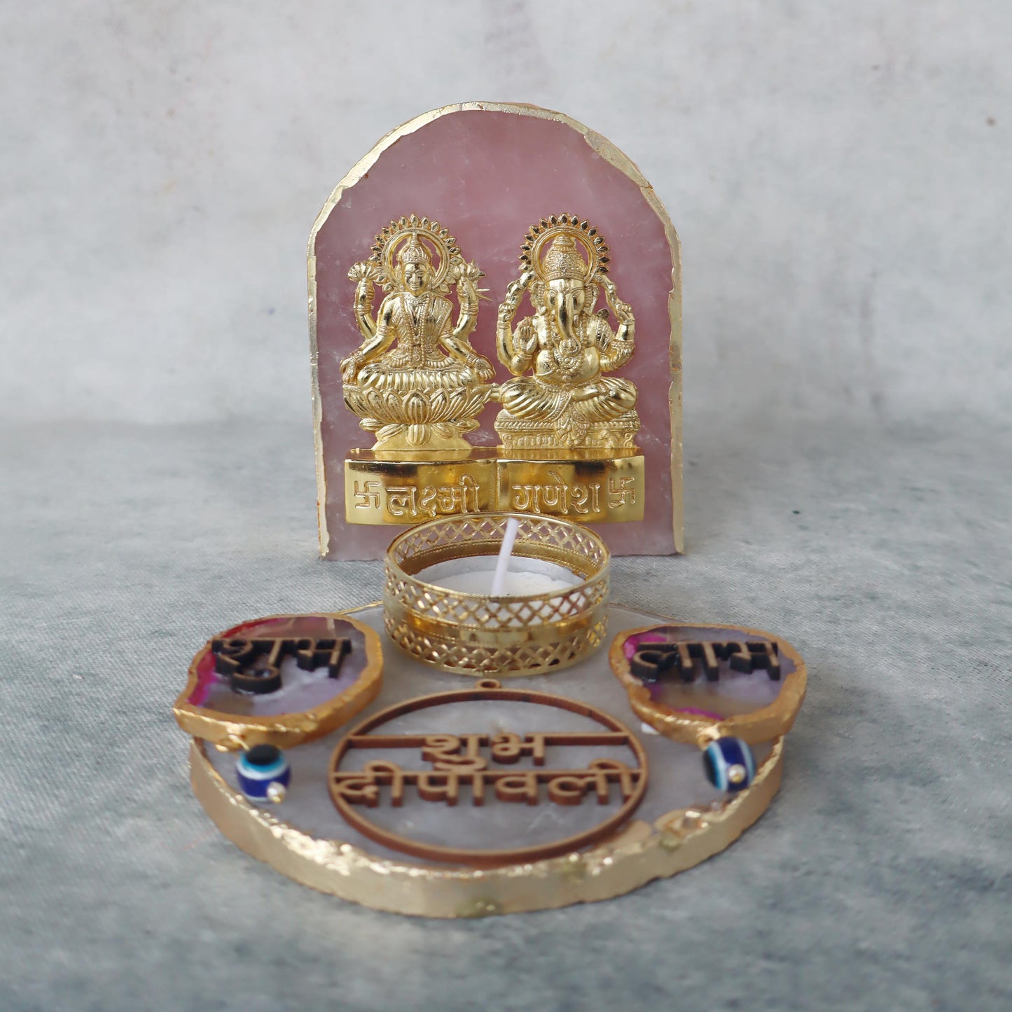 Laxmi Ganesh On Rose Quartz Stone With Plate & Sets by Satgurus