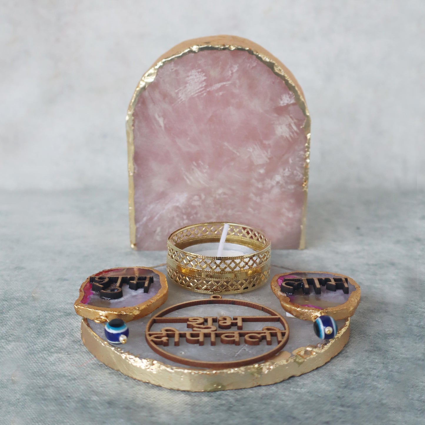 Laxmi Ganesh On Rose Quartz Stone With Plate & Sets by Satgurus