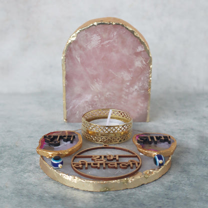 Laxmi Ganesh On Rose Quartz Stone With Plate & Sets by Satgurus