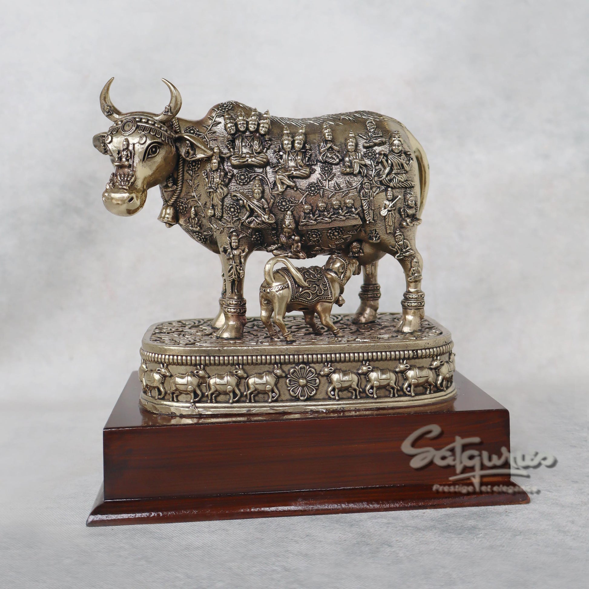 Cow Calf With Gods Carving On Base by Satgurus