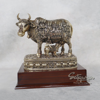 Cow Calf With Gods Carving On Base by Satgurus
