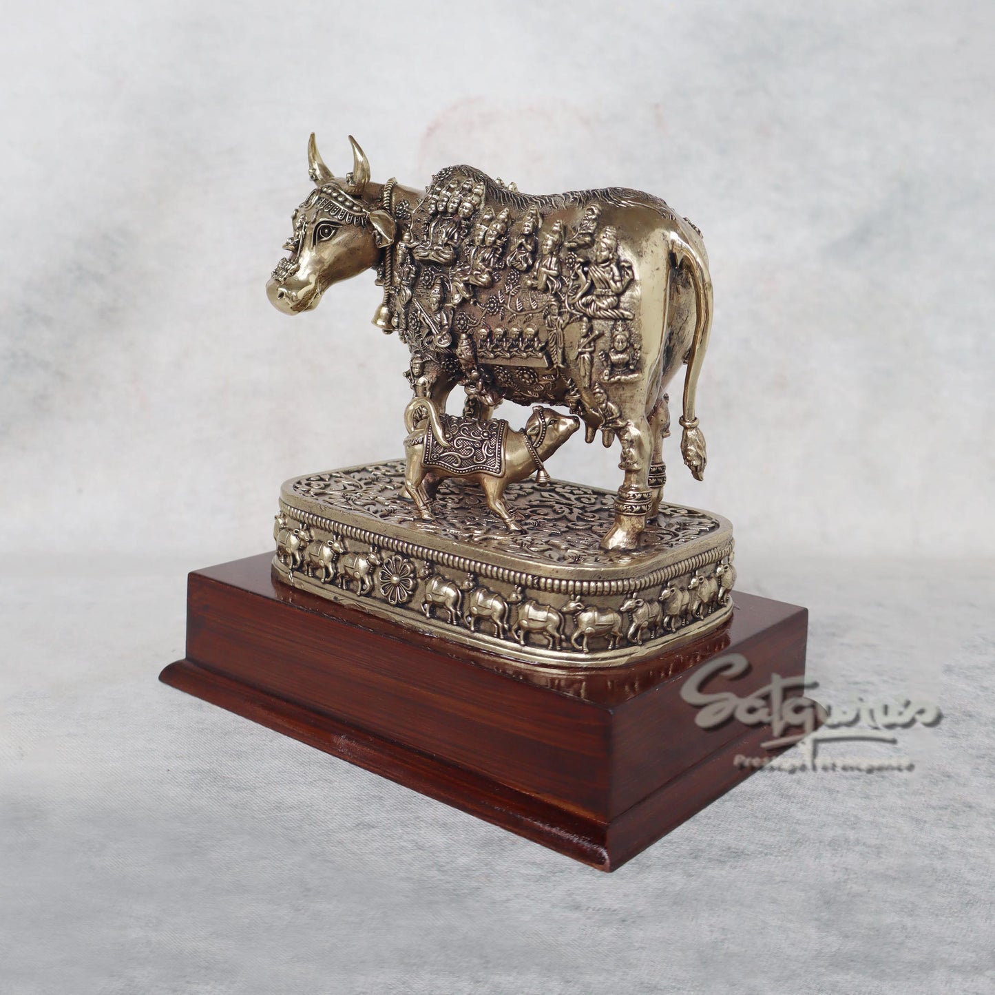 Cow Calf With Gods Carving On Base by Satgurus