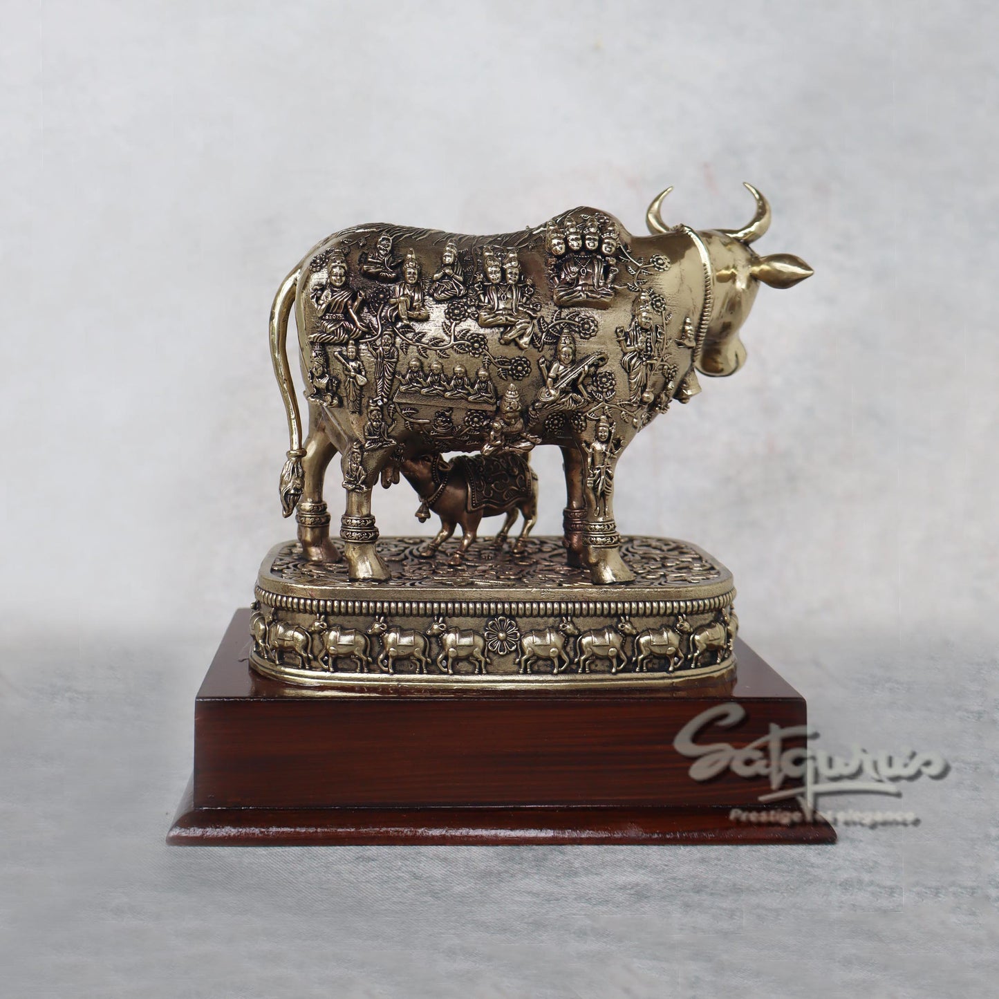 Cow Calf With Gods Carving On Base by Satgurus