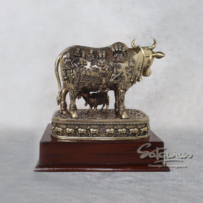 Cow Calf With Gods Carving On Base by Satgurus