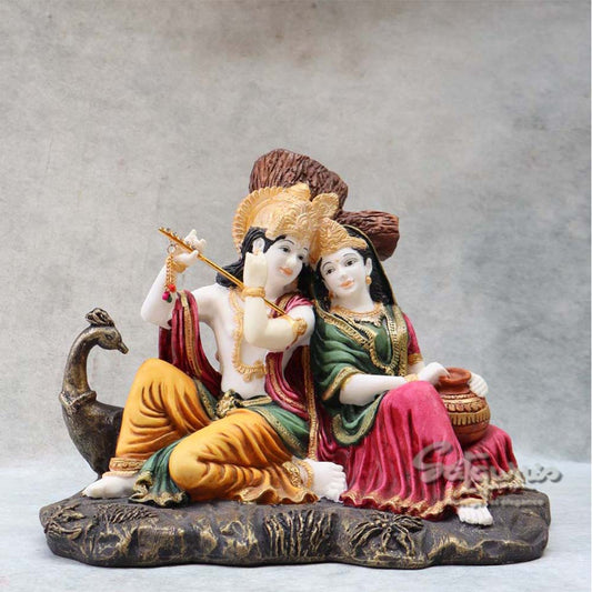 Radha Krishna Sitting on Rock with Peacock By Satgurus
