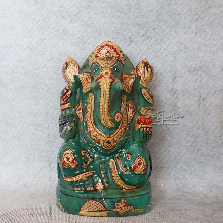 Green Jade Stone Hand Painting Ganesha By Satguru's