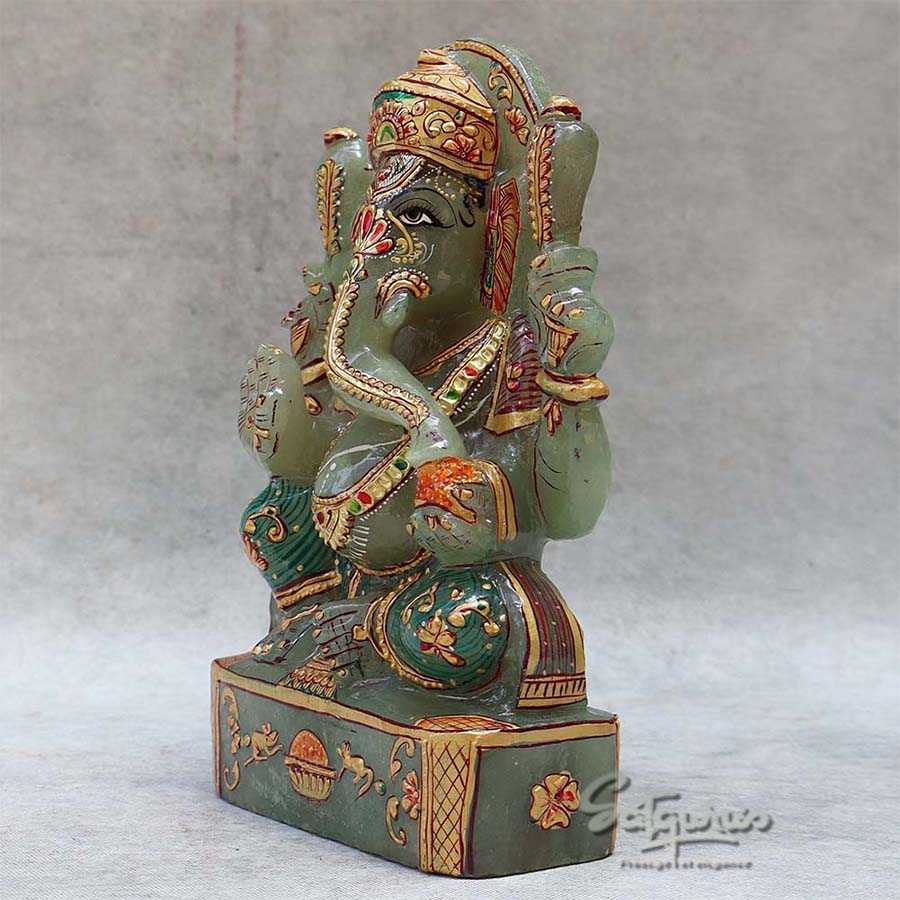 Green Jade Stone  Hand Painted Ganesh By Satgurus