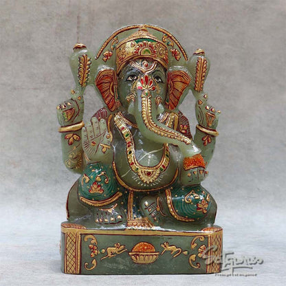 Green Jade Stone  Hand Painted Ganesh By Satgurus