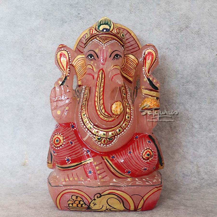 Rose Quarts Stone Hand Painting Ganesha By Satguru's