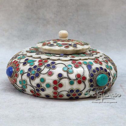 Wooden Stone Work Round Jewellery Box By Satgurus