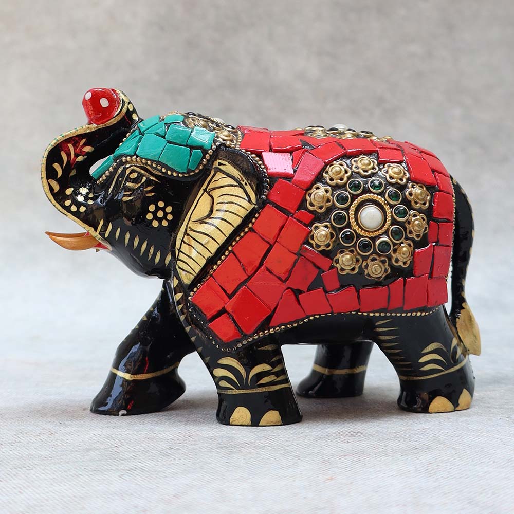 Wooden Trunk Up Hand Painted Stone Work Elephant BY Satgurus