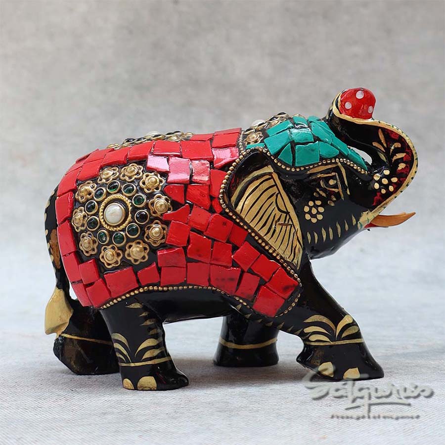 Wooden Trunk Up Hand Painted Stone Work Elephant BY Satgurus