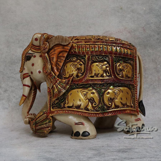 Medium Marble Dust Elephant Shikar Carving  By Satgurus
