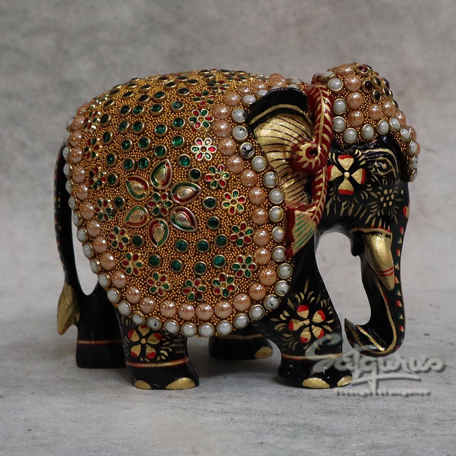 Decorative Handcrafted Rajasthani Wooden Elephant Figurine with Meenakari and Pearl Work By Satgurus