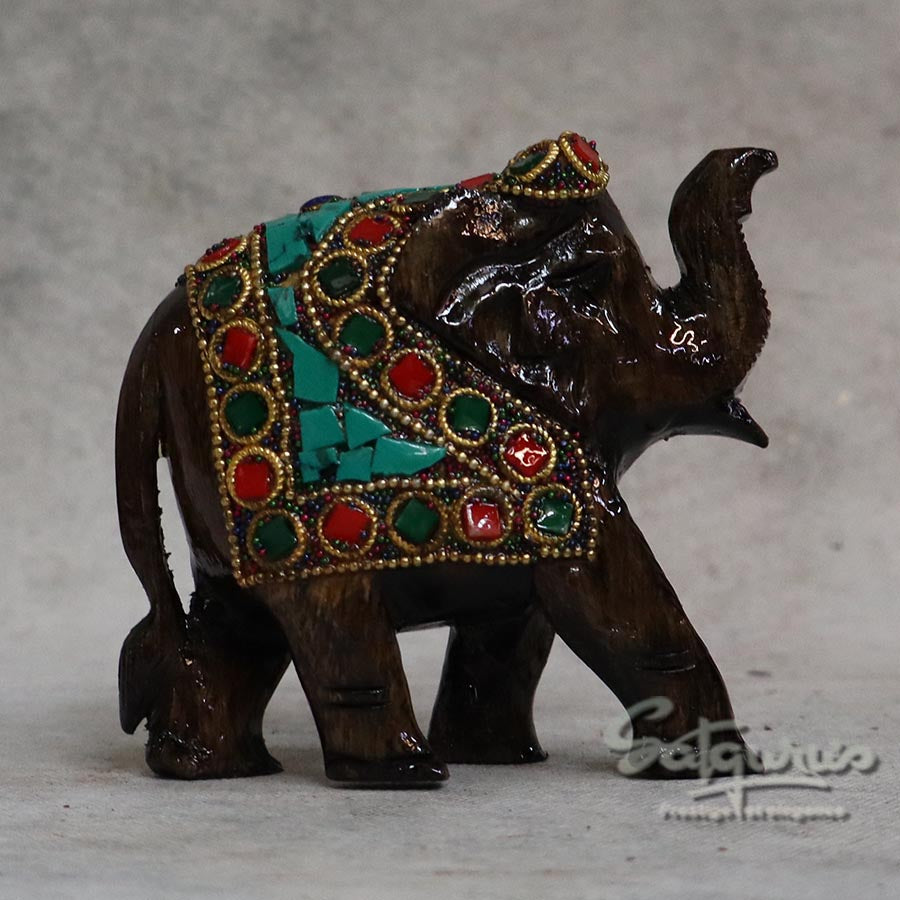 Wooden Elephant Figurine with Stone Inlay Work By Satgurus