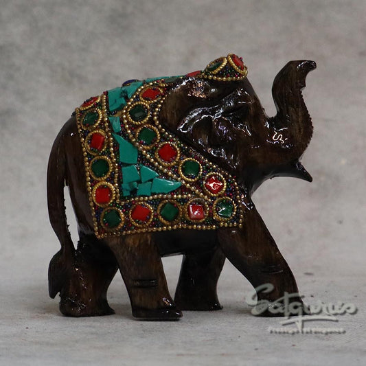 Wooden Elephant Figurine with Stone Inlay Work By Satgurus
