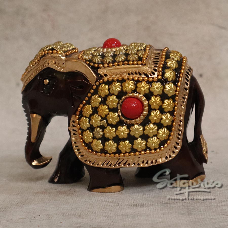 Handcrafted Decorative Wooden Elephant Figurine with Gold Floral Embossing  By Satgurus