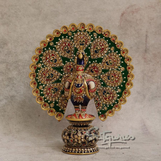 Handcrafted Wooden Dancing Peacock Figurine with Meenakari Artwork By Satgurus