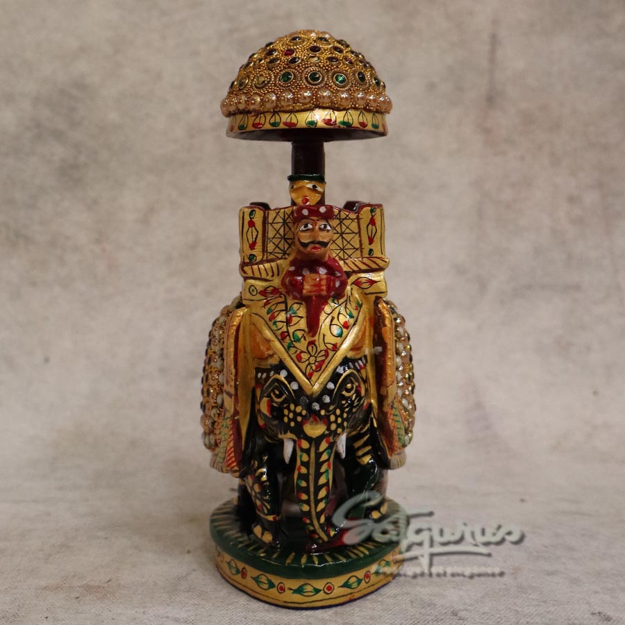 Handcrafted Wooden Ambari Hoda Elephant Showpiece with Sawar and Decorative Stones By Satgurus