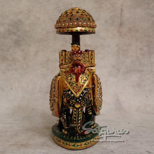 Handcrafted Wooden Ambari Hoda Elephant Showpiece with Sawar and Decorative Stones By Satgurus