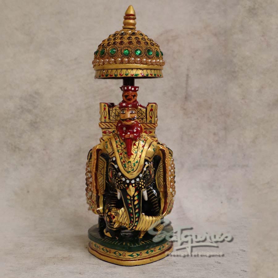 Handcrafted Wooden Ambabari Elephant Statue with Decorative Umbrella By Satgurus