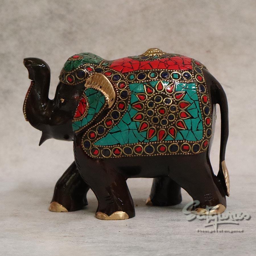 Handcrafted Wooden Elephant Statue with Mosaic Stone Work By Satgurus