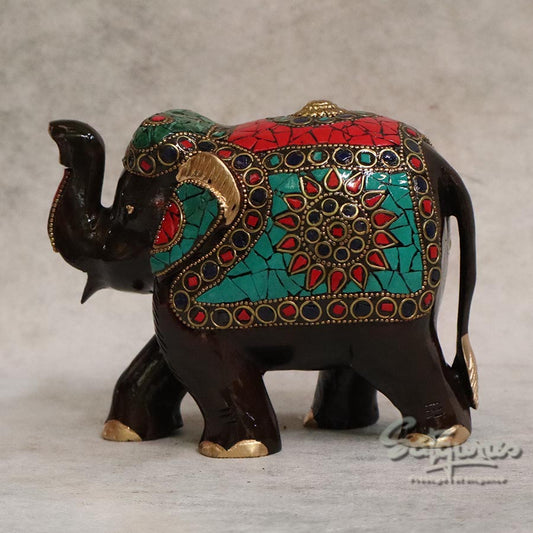 Handcrafted Wooden Elephant Statue with Mosaic Stone Work By Satgurus