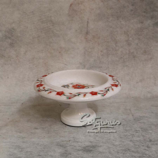 Elegant White Marble Pedestal Urli Bowl with Red Floral Inlay Work By Satgurus