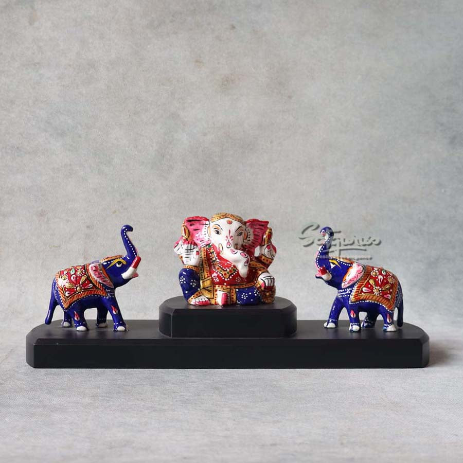 Metal Enamel Ganesha With Two Elephant By Satguru's