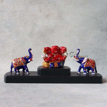 Metal Enamel Ganesha With Two Elephant By Satguru's