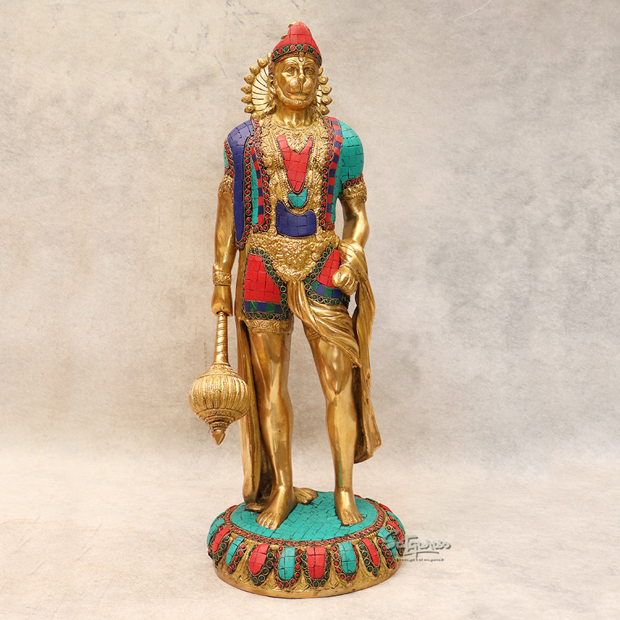 Brass Stone Work Hanuman Standing By Satguru's